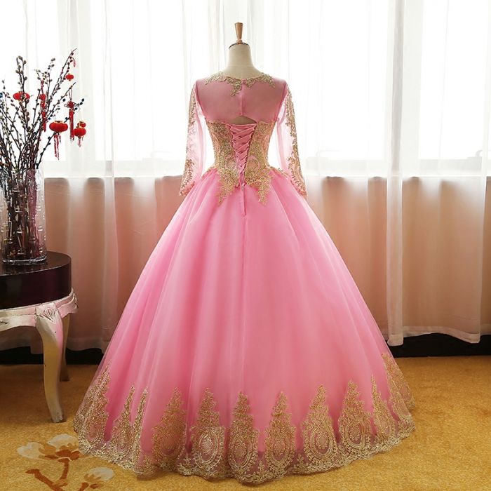 Chic Ball Gowns Scoop Pink Tulle Applique Modest Long Prom Dress Evening Dress SED409