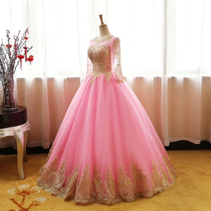 Chic Ball Gowns Scoop Pink Tulle Applique Modest Long Prom Dress Evening Dress SED409