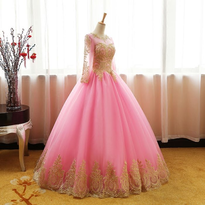 Chic Ball Gowns Scoop Pink Tulle Applique Modest Long Prom Dress Evening Dress SED409