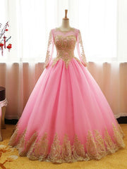 Chic Ball Gowns Scoop Pink Tulle Applique Modest Long Prom Dress Evening Dress SED409