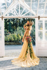 Chic Yellow Wedding Dresses Two Pieces A-line Long Country Wedding Dress With Lace SEW045|Selinadress