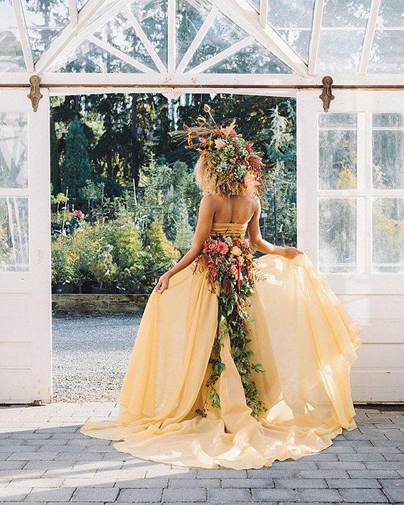 Chic Yellow Wedding Dresses Two Pieces A-line Long Country Wedding Dress With Lace SEW045|Selinadress