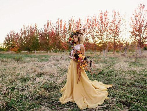 Chic Yellow Wedding Dresses Two Pieces A-line Long Country Wedding Dress With Lace SEW045|Selinadress