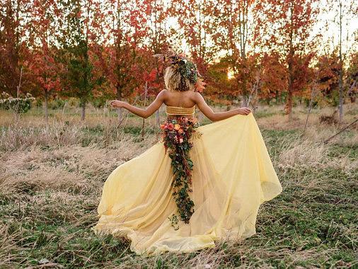 Chic Yellow Wedding Dresses Two Pieces A-line Long Country Wedding Dress With Lace SEW045|Selinadress