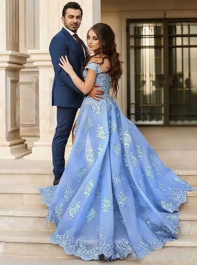 Light Sky Blue Prom Dress A-line Off-the-shoulder Tulle Lace Prom Dresses Long Evening Dress ASSD020|Selinadress