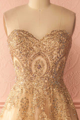 Sparkly Sweetheart Neck Gold Prom Dress A-line Rhinestone Prom Dresses Long Evening Dress SED403