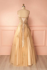 Sparkly Sweetheart Neck Gold Prom Dress A-line Rhinestone Prom Dresses Long Evening Dress SED403