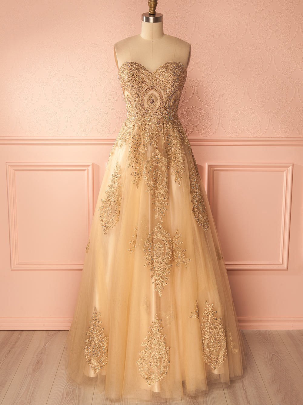 Sparkly Sweetheart Neck Gold Prom Dress A-line Rhinestone Prom Dresses Long Evening Dress SED403