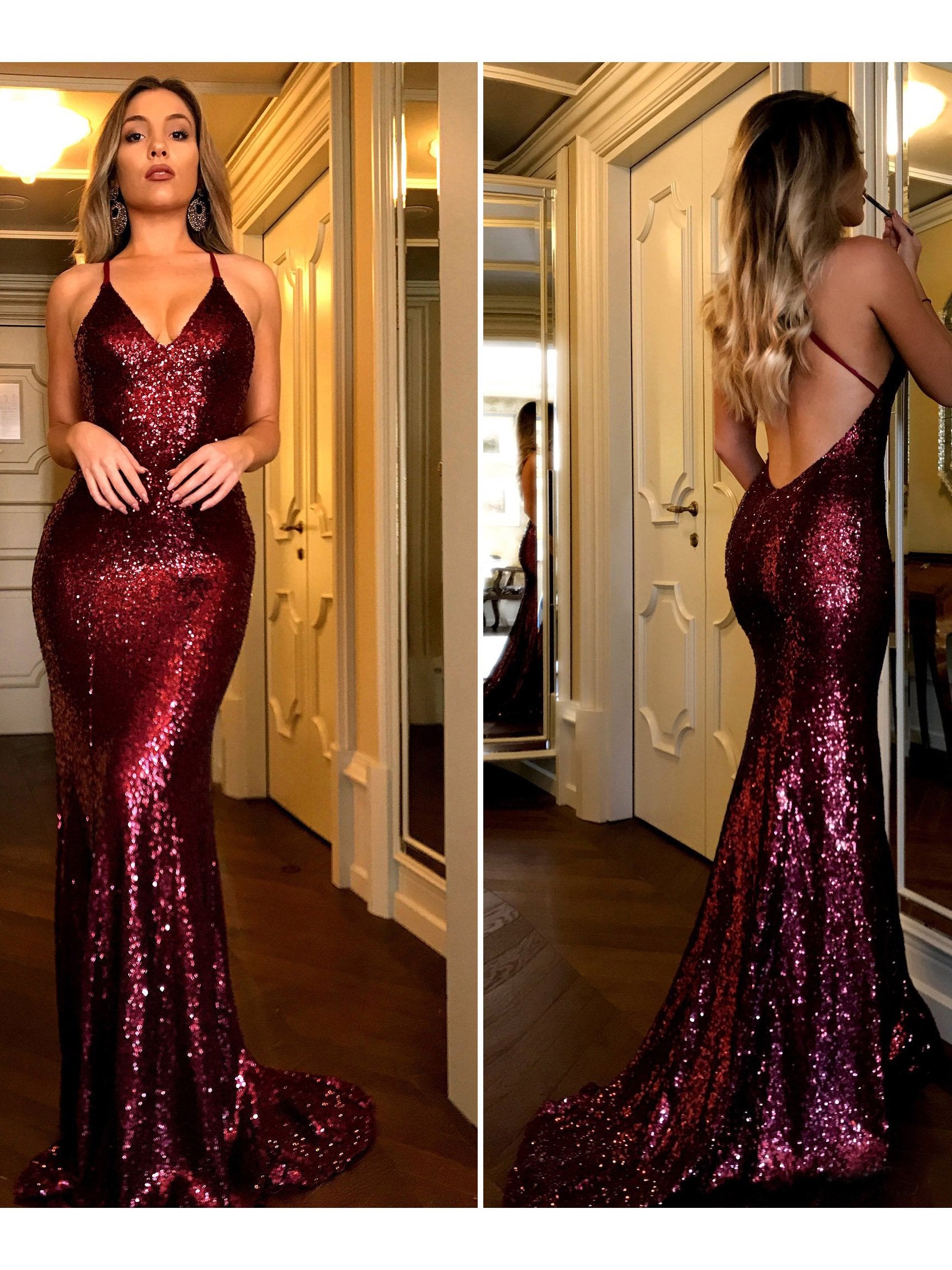 Chic Burgundy Prom Dresses Long Mermaid Modest Cheap Long Prom Dress With Sequins SED498|Selinadress