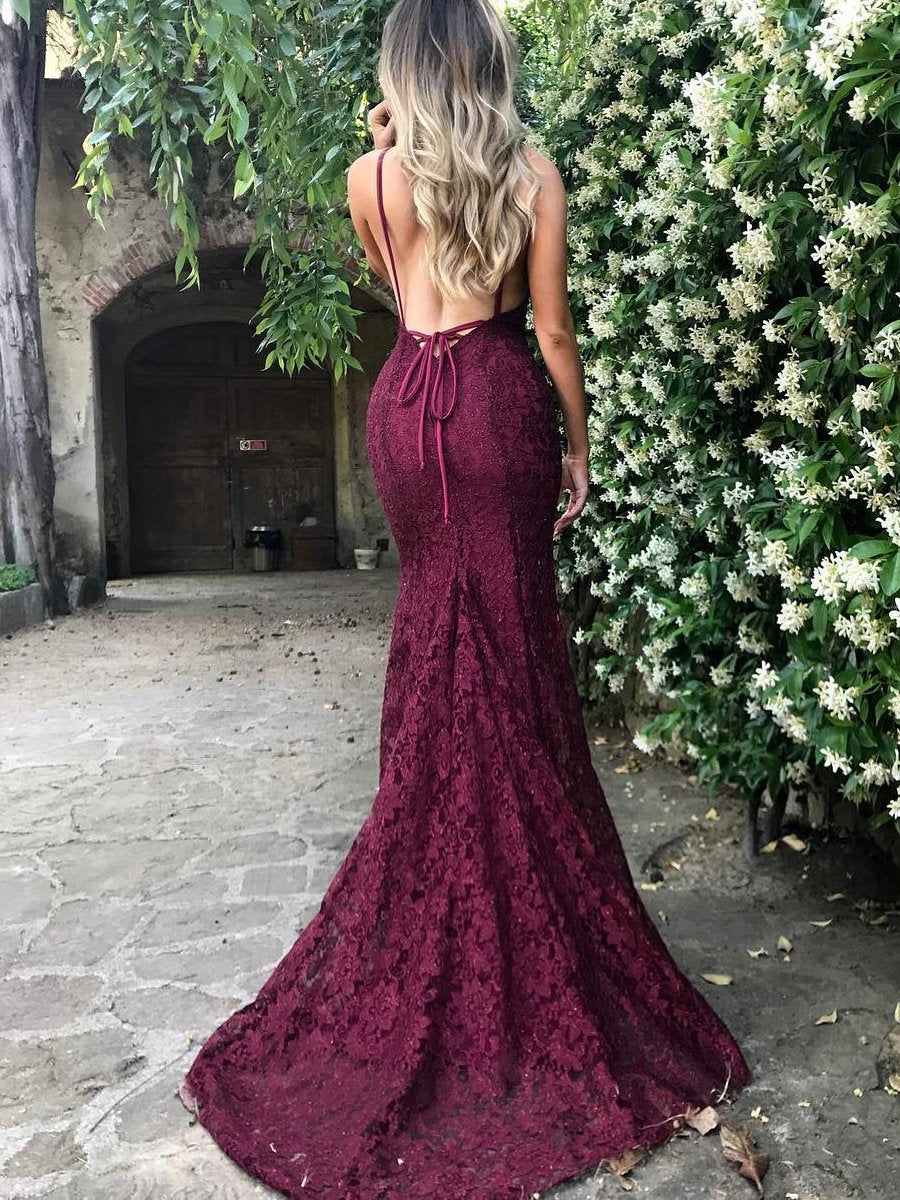 Chic Burgundy Prom Dresses Long Mermaid Modest Cheap Long Prom Dress With Lace SED499|Selinadress