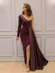 Chic One Shoulder Prom Dresses Long Sleeve Burgundy Long Prom Dress Evening Dresses ASSD026|Selinadress