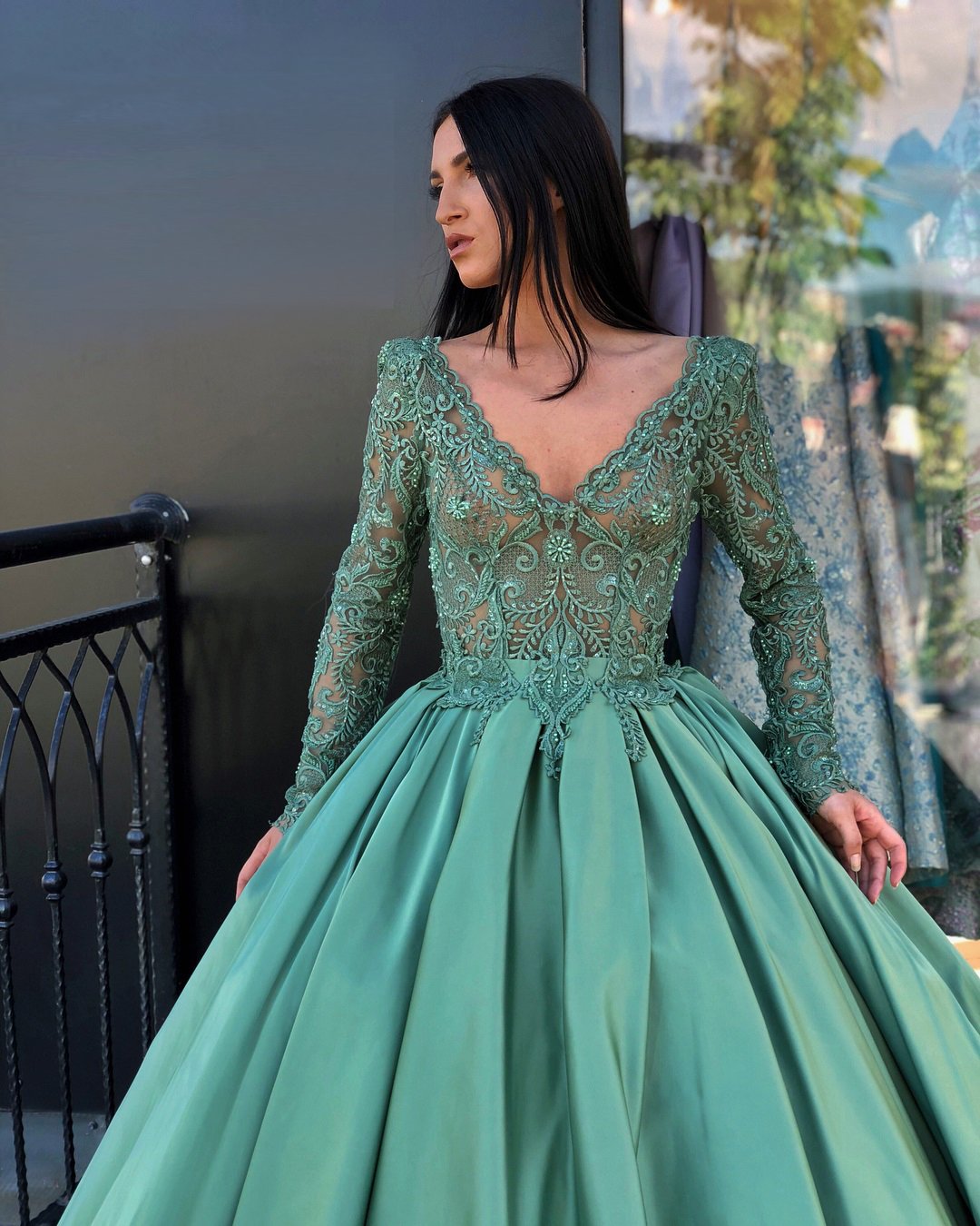 A-line V neck Green Prom Dresses Long Sleeve Lace Prom Dress Evening Dress SED308