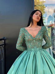 A-line V neck Green Prom Dresses Long Sleeve Lace Prom Dress Evening Dress SED308