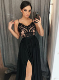 A-line Spaghetti Straps Black Prom Dresses With Lace Modest Evening Gowns SED335