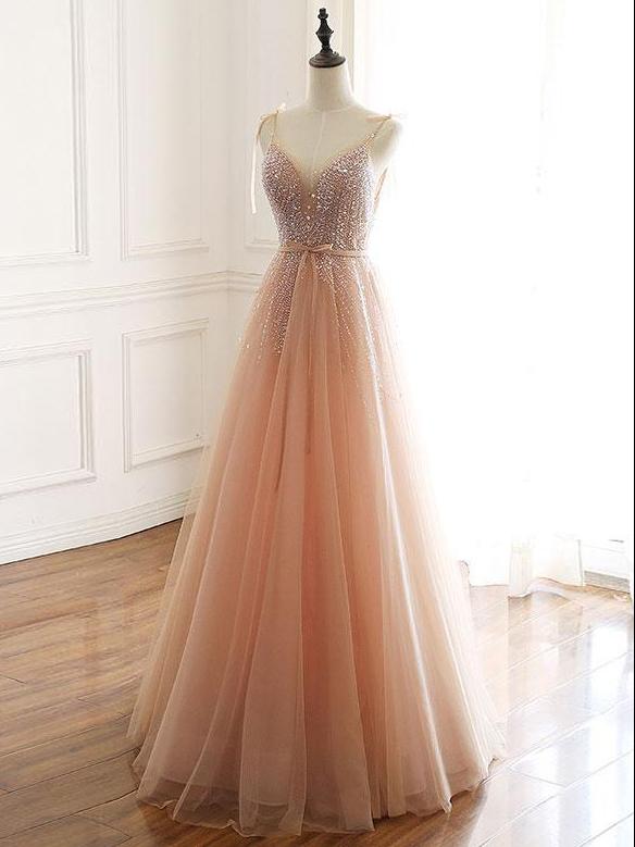 Chic A-line Spaghetti Straps Pink Long Prom Dress Beaded Party Dress #SED153