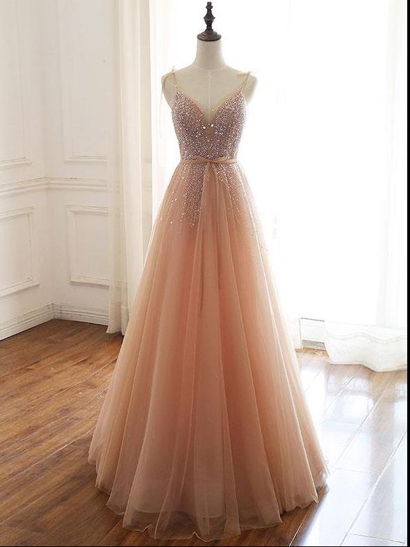 Chic A-line Spaghetti Straps Pink Long Prom Dress Beaded Party Dress #SED153