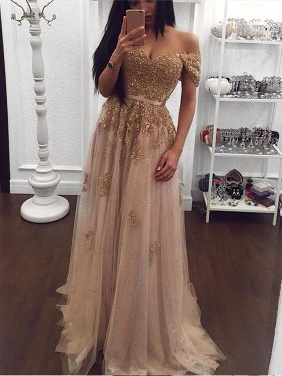 A-line Long Prom Dresses Off-the-shoulder Elegant Prom Dresses Evening Dresses SED466|Selinadress