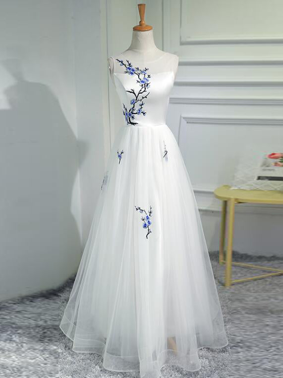 A-line Prom Dresses Scoop White Applique Long Prom Dress Evening Dresses ASSD017|Selinadress