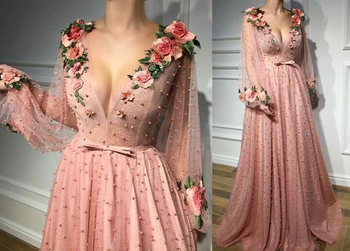 A-line Prom Dresses V neck Pink Long Prom Dress Evening Dresses With Flower SED465|Selinadress