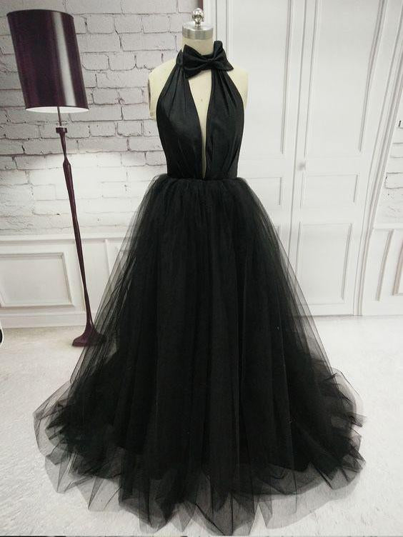 A-line Halter Prom Dresses Black Simple Long Prom Dress Evening Dresses SED468|Selinadress