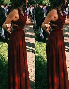 Two Pieces A-line Prom Dresses Burgundy Long Prom Dress Evening Dresses ASSD018