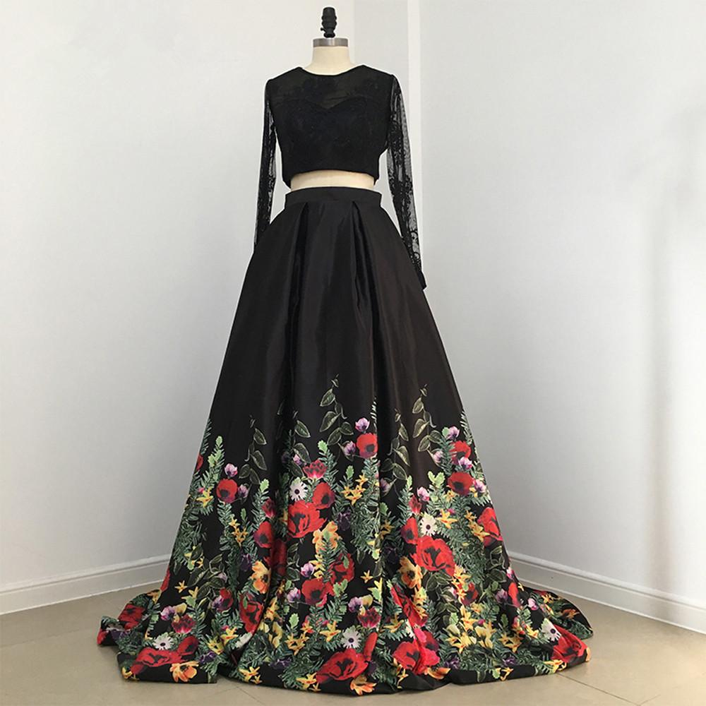 Two Pieces Prom Dresses Black A-line Scoop Floral Prom Dress/Evening Dress SED390