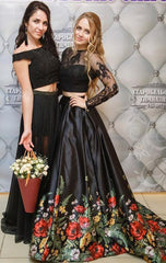 Two Pieces Prom Dresses Black A-line Scoop Floral Prom Dress/Evening Dress SED390