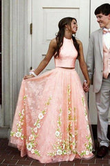 Two Pieces Prom Dresses A-line High Neck Floral Beautiful Prom Dress/Evening Dress SED394