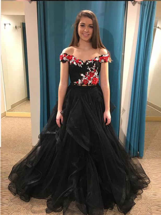 A-line Prom Dresses Black Off-the-shoulder Beading Floral Prom Dress/Evening Dress SED395