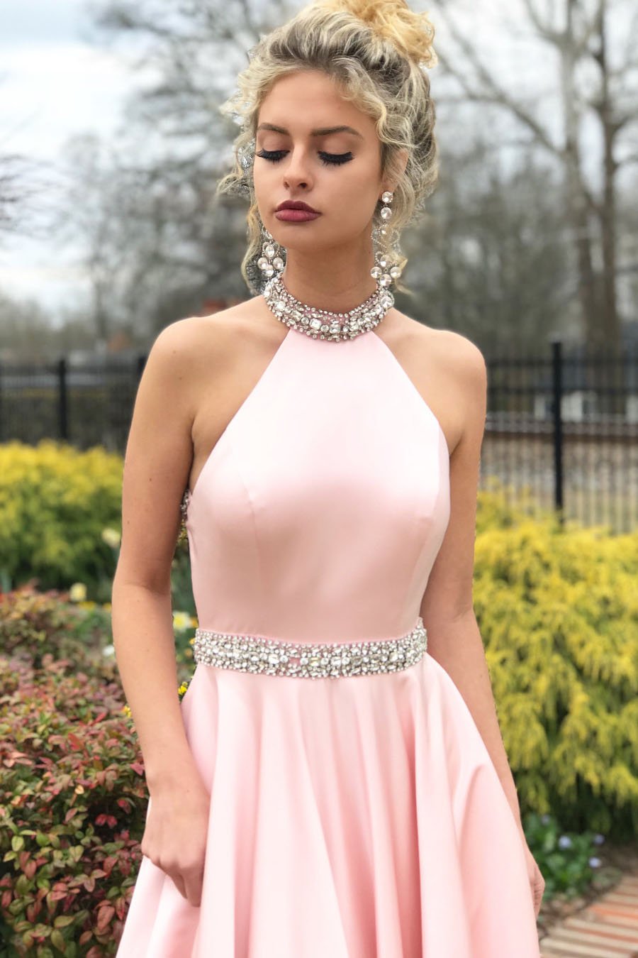 Simple A-line Prom Dresses Pink High Neck Cheap Beading Prom Dress/Evening Dress SED396