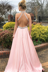 Simple A-line Prom Dresses Pink High Neck Cheap Beading Prom Dress/Evening Dress SED396