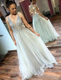 A-line V-neck Beaded Bodice Tulle Long Prom Dresses Evening Dress AMY657