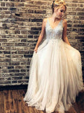 A-line V-neck Beaded Bodice Tulle Long Prom Dresses Evening Dress AMY657