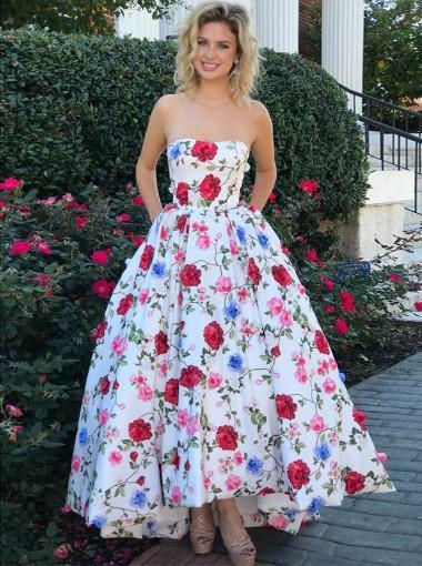 A-line Prom Dresses Strapless Floral Ankle-length Long Prom Dress/Evening Dress SED505|Selinadress