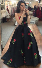 Black Prom Dress Floral Strapless Modest Long Prom Dresses/Evening Dress SED478|Selinadress