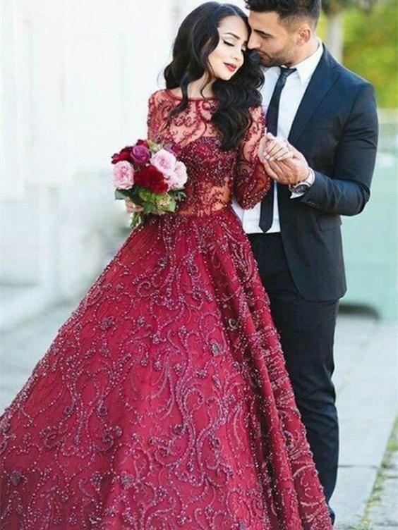 Burgundy Prom Dress A-line Scoop Long Sleeve Open Back Beading Long Prom Dresses/Evening Dress SED486|Selinadress