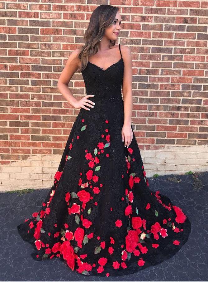 Black Prom Dress Aline Spaghetti Straps Floral Lace Long Prom Dresses/Evening Dress SED482|Selinadress