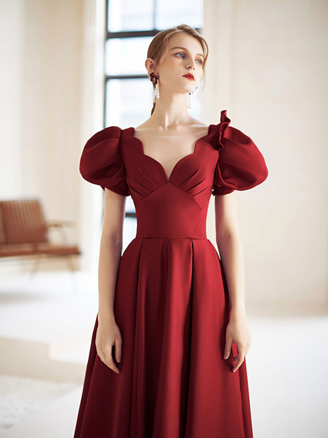 Simple v neck burgundy satin tea length prom dress burgundy evening dress