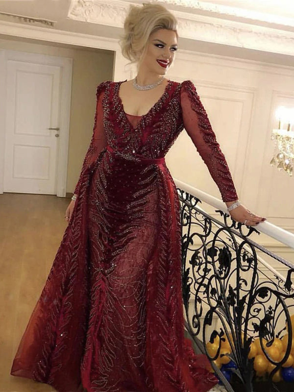 Burgundy Velvet Plus Size Long Prom Dress Luxury Evening Formal Gown SC043