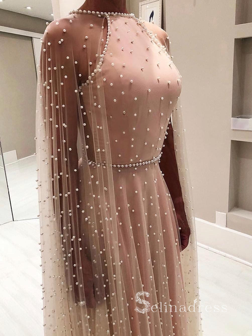 Chic A-line Scoop Long Prom Dresses Pink Pearl Evening Dress CBD068