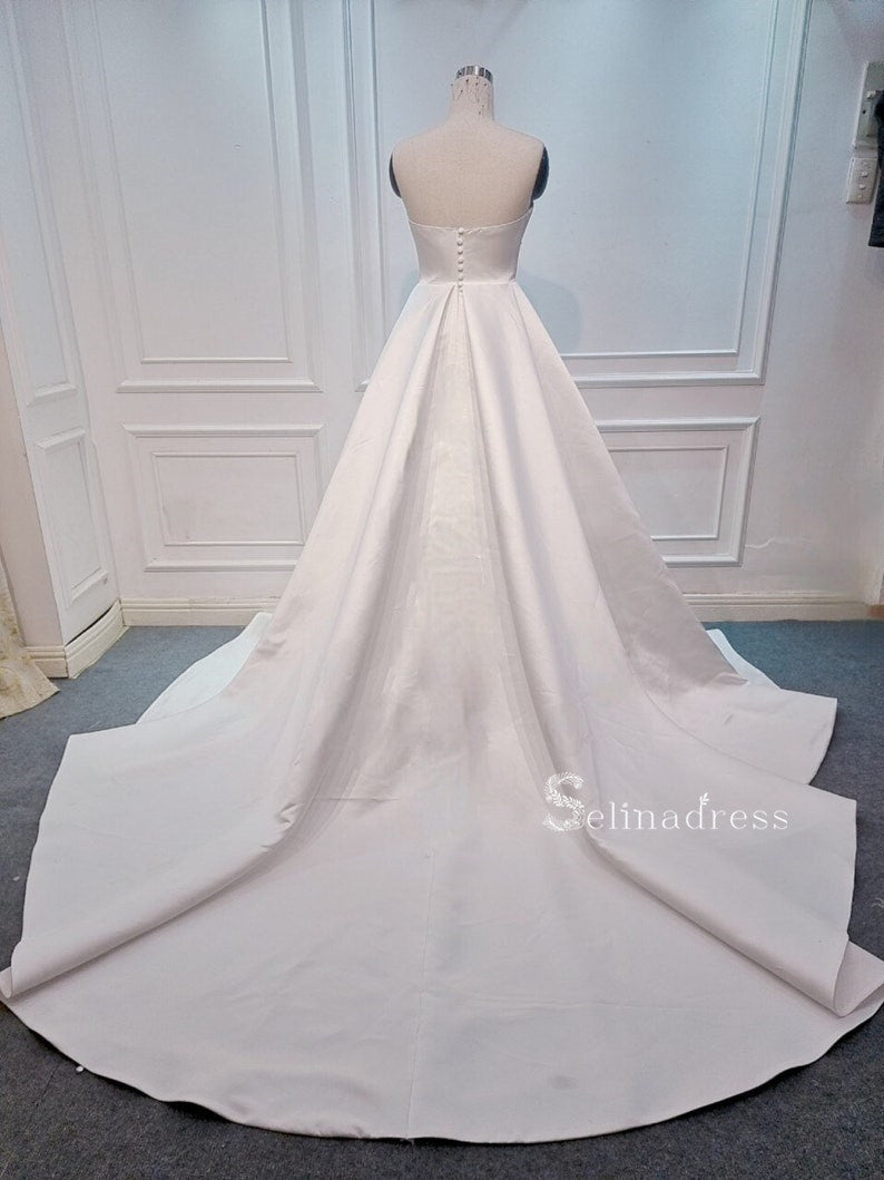 A-line Strapless Satin White Thigh Split Wedding Dresses CBD083