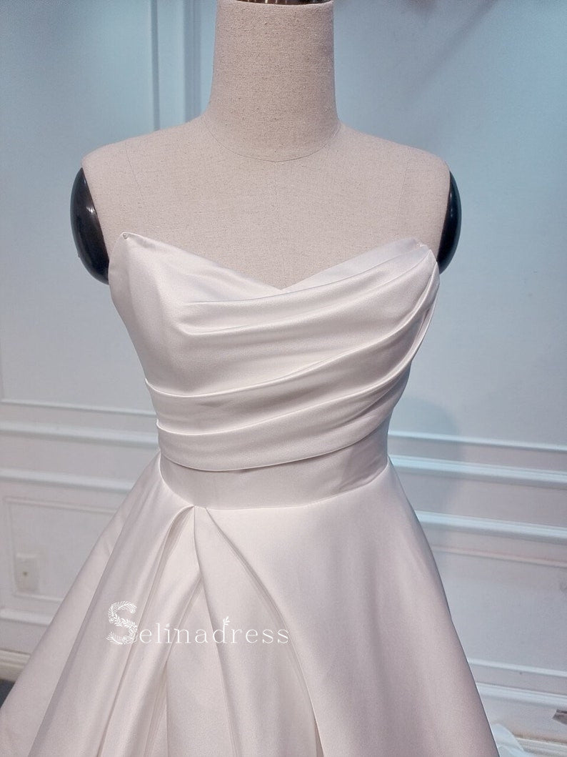 A-line Strapless Satin White Thigh Split Wedding Dresses CBD083