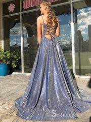 Chic A-line Spaghetti Straps Dark Navy Long Prom Dresses Beaded Evening Dress CBD303|Selinadress