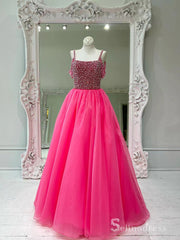 Chic A-line Straps Beaded Long Prom Dresses Fuchsia Evening Dresses MLH2010|Selinadress