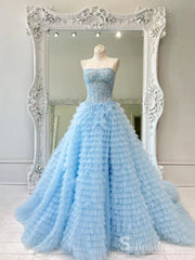 Chic Ball Gown Strapless Light Sky Blue Long Prom Dresses Evening Dresses MLH2011|Selinadress