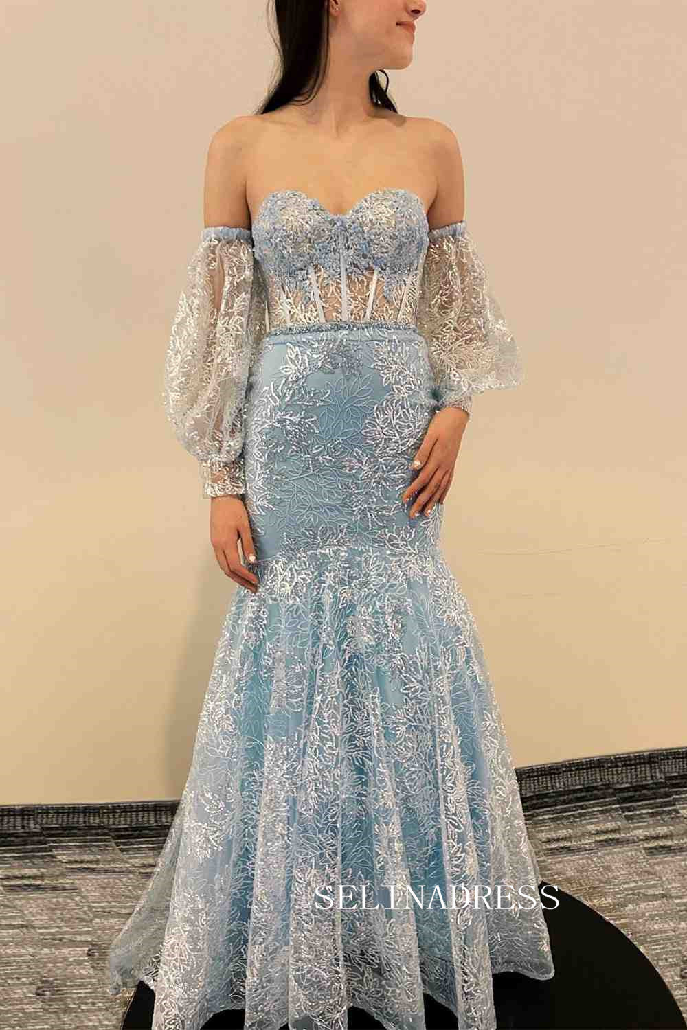 Chic Mermaid Sweetheart Light Sky Blue Long Prom Dresses Lace Formal Gowns JKSS02|Selinadress