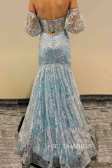 Chic Mermaid Sweetheart Light Sky Blue Long Prom Dresses Lace Formal Gowns JKSS02|Selinadress