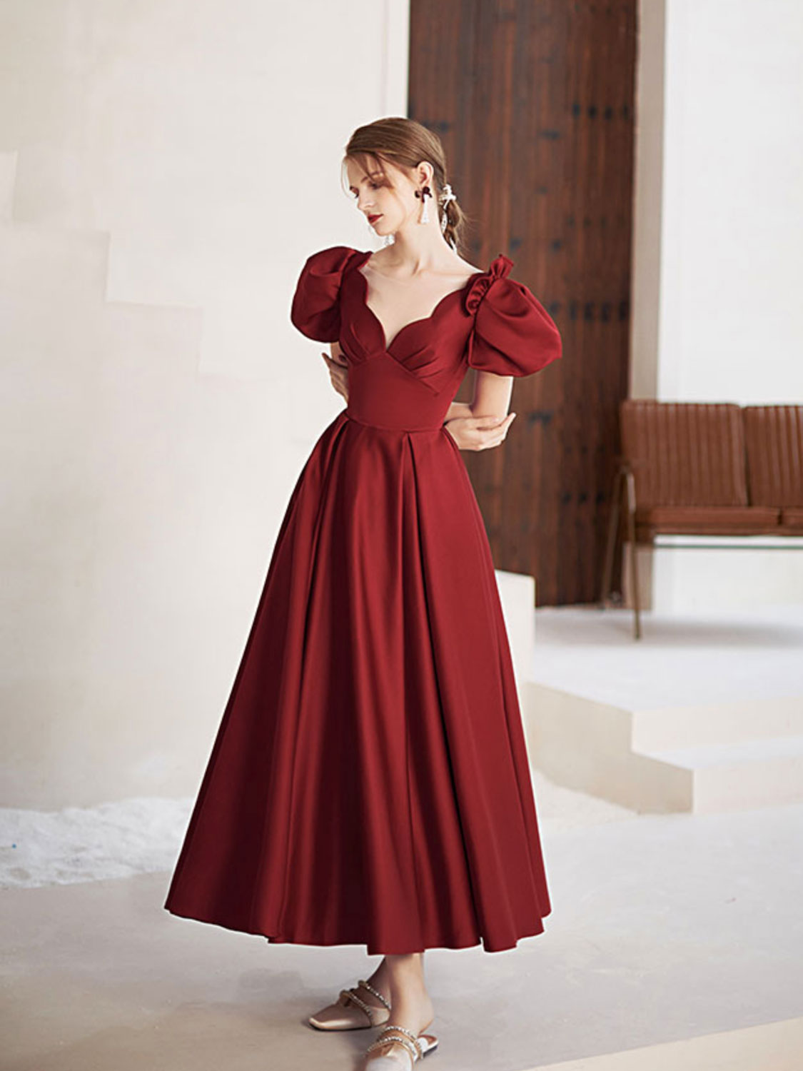 Simple v neck burgundy satin tea length prom dress burgundy evening dress