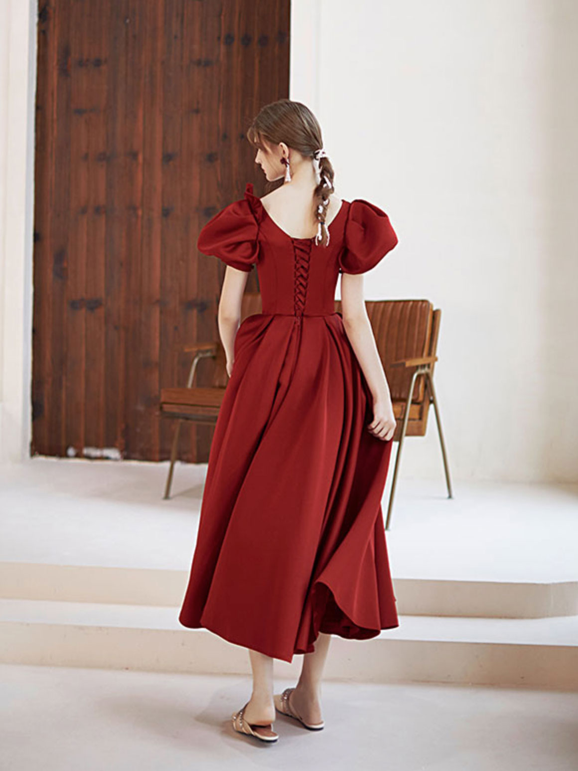 Simple v neck burgundy satin tea length prom dress burgundy evening dress