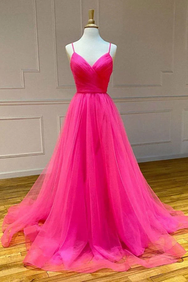 A-line Spaghetti Straps Hot Pink Pleated Long Prom Dress Evening Dresses EWQ004|Selinadress